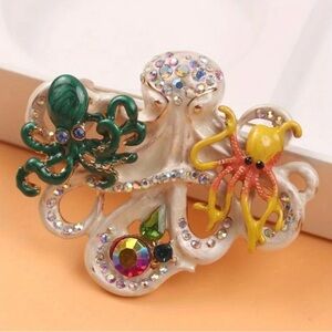 Colorful Octopus Brooch with Crystals Metal Base